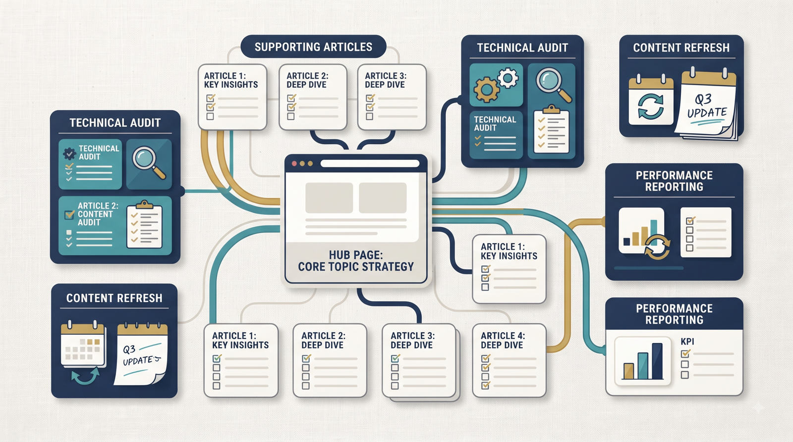 Editorial diagram showing a publisher SEO topic cluster, internal links, content updates, and reporting workflow.