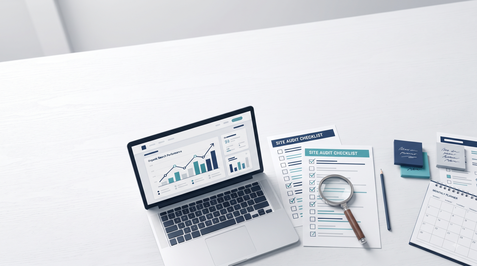 Website performance audit checklist and search traffic analytics on a laptop