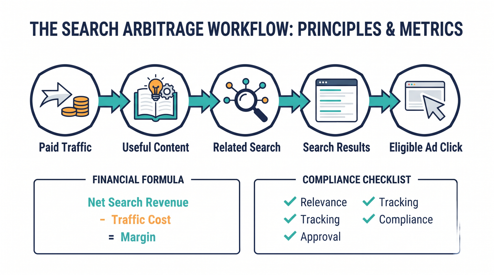 Workflow diagram of paid traffic reaching useful content, related search, search results, and eligible sponsored ad clicks