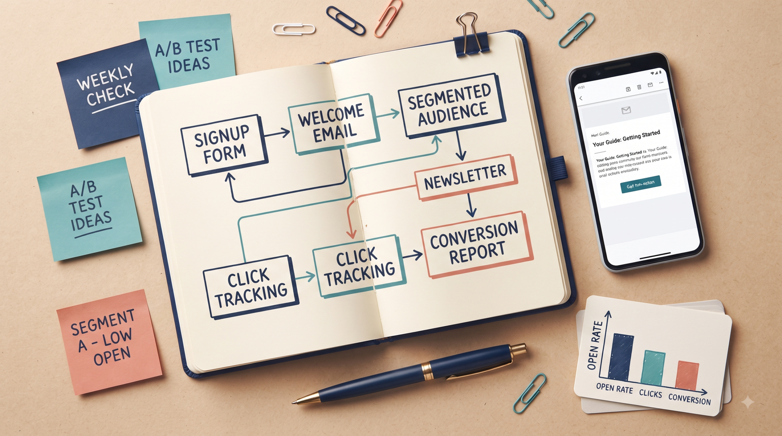 Email marketing workflow showing signup, segmentation, campaign sending, and performance tracking
