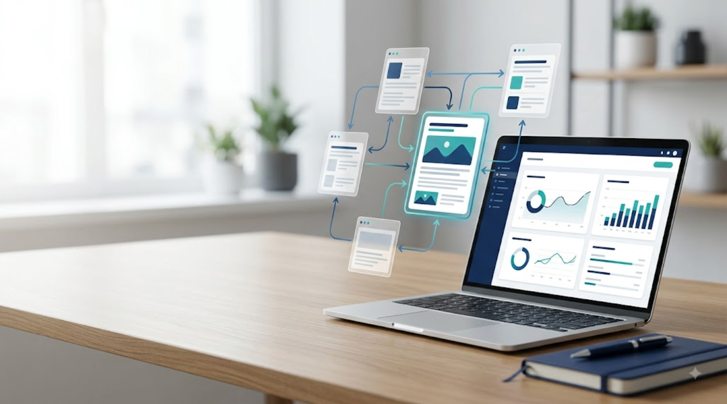 Illustrated workflow showing research, useful content, outreach, publisher coverage, and backlink measurement