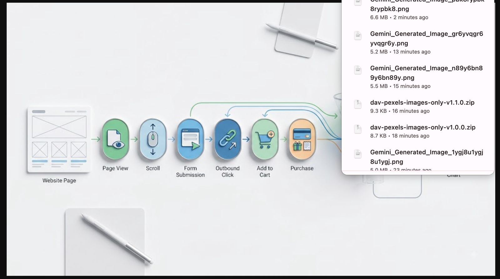 Illustration showing website interactions flowing through GA4 events into a conversion funnel