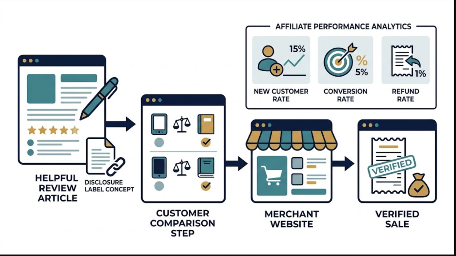 Illustration showing affiliate content, customer research, merchant conversion, disclosure, and analytics measurement workflow