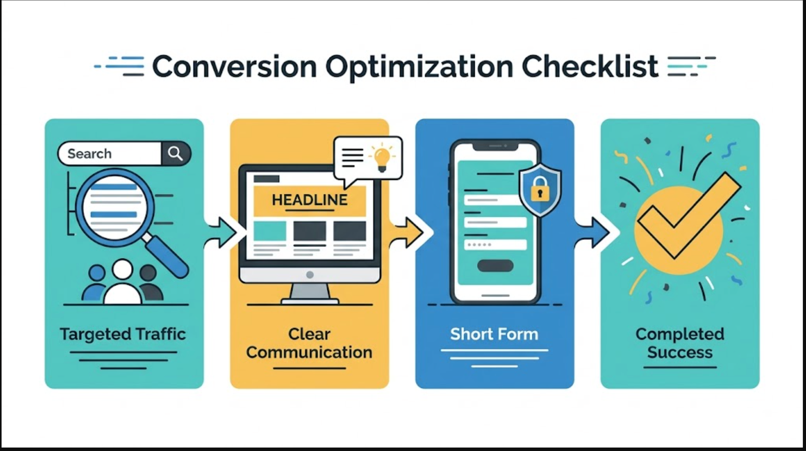 Illustration showing traffic, landing page, checkout, and conversion rate optimization steps